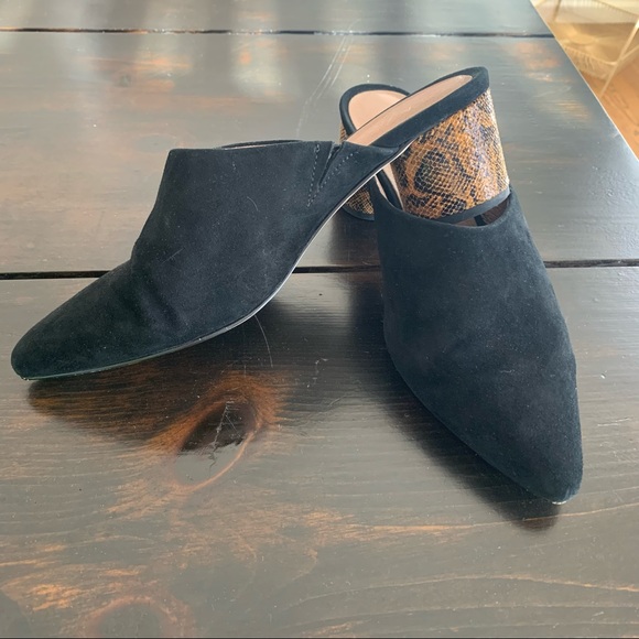 Anthropologie black suede mules snake print heel 7.5 excellent used condition - Picture 2 of 6